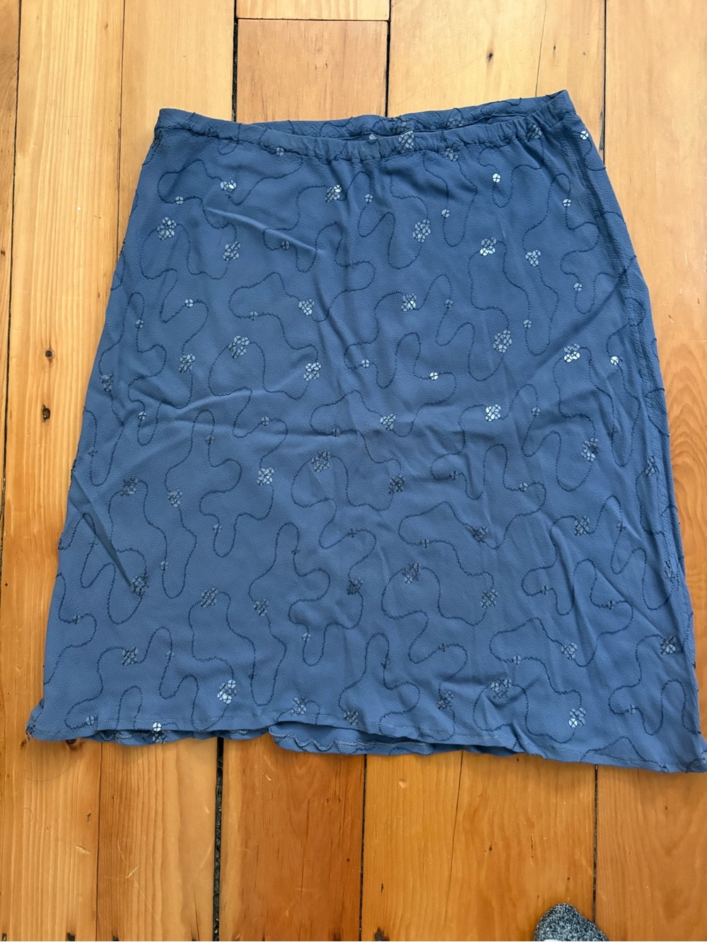 Blue Embroidered Midi Skirt with Elastic Waist